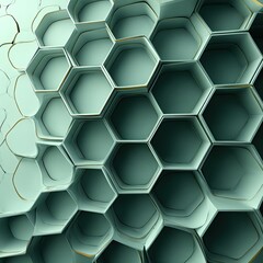 Pale green hexagons some dark some light create a dimensional cellular pattern with subtle gold trim