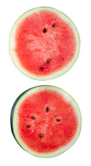 Top view set of ripe red watermelon fruit in two halves isolated with clipping path in png file format