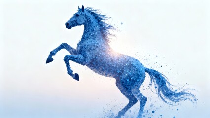 A majestic blue horse rears up dynamically composed of shimmering particles against a soft glowing background.