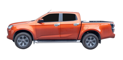 Clean dark orange pickup truck with left side view parking isolated with clipping path in png file format