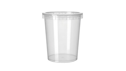 A transparent plastic cup is viewed from the front against a white background