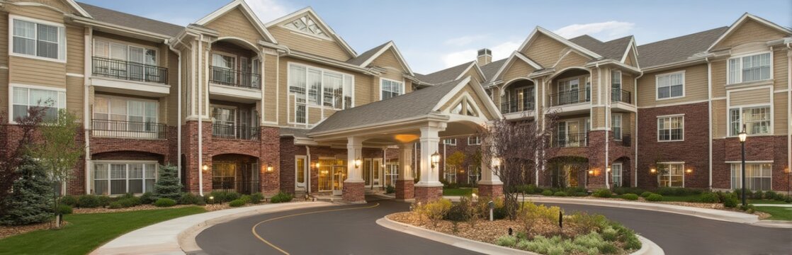 Welcoming entrance of a modern assisted living complex surrounded by elegant landscaping.