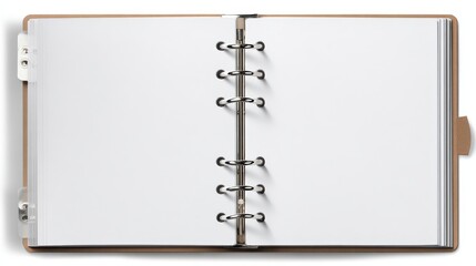 Open notebook with blank pages, metal rings, and tabs. Shadow creates depth, providing a simple yet functional visual
