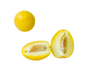 Top view set of fresh ripe yellow date palm fruit with halves isolated with clipping path in png file format. Concept of iftar food in Ramadan for Muslims