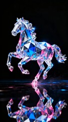 A stunning crystal horse sculpture illuminated with vibrant blue and pink lights casting a reflective glow on a dark surface.