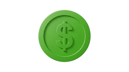 A green coin with a dollar sign is shown on a white background closeup.
