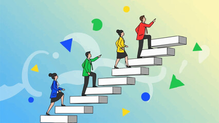 Diverse group of people climbing stairs symbolizing career growth and success.