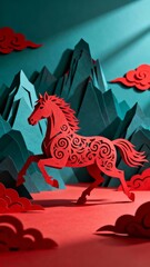 A vibrant red paper-cut art piece featuring a dynamic horse in motion against a backdrop of stylized mountains and clouds evoking traditional Asian aesthetics.