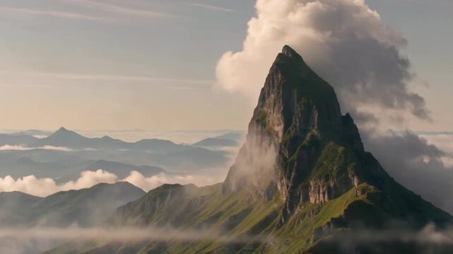 Morning mist lightly touches the mountain peaks, blurring into soft boundaries within the fog