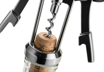 Macro shot of a sophisticated, polished stainless steel corkscrew helix embedded in a natural cork, sealing a chilled white wine bottle neck against a transparent studio background, concept of