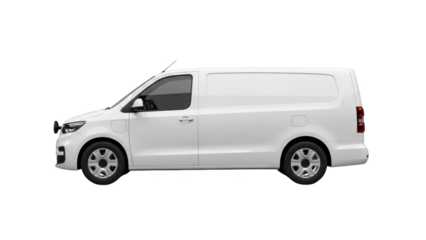 A white van is parked on a plain background showing its side profile clearly.