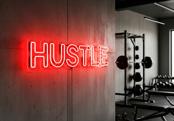 Bold red neon Hustle sign on raw concrete wall in gym motivational concept.