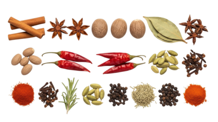 Variety of spices and nuts arranged on a white background for cooking and flavor.
