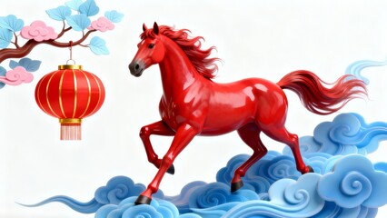 A vibrant red horse gallops gracefully among blue clouds accompanied by a traditional red lantern and blossoming cherry branches.