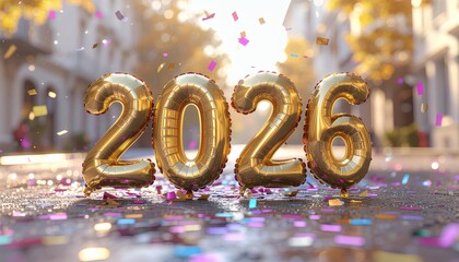 Gold 2026 numbers on a street with confetti and bokeh background in a celebratory mood with cinematic lighting.