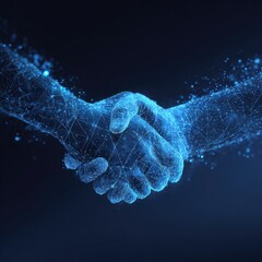 Two hands rendered digitally forming a handshake against a dark blue backdrop Lines and dots form the hands structure