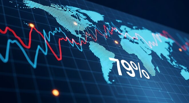 Global financial market data visualization with world map and fluctuating stock market graphs showing 79 percent - Powered by Adobe