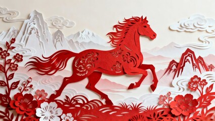 A vibrant red paper-cut artwork featuring a dynamic horse galloping amidst mountains clouds and floral elements.