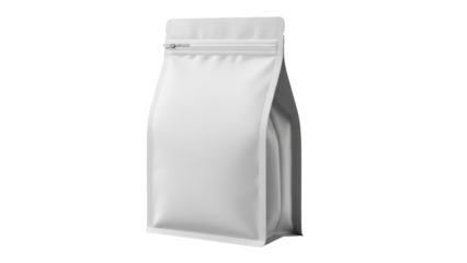 A white resealable stand-up pouch bag stands upright on a plain surface indoors.