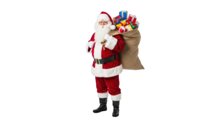 Santa Claus carries a large bag of colorful gifts on his shoulder while standing