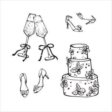Romantic set with champagne glass, cake and bridesmaids shoes