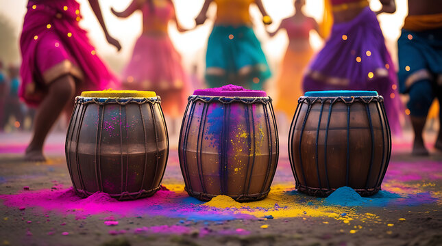 Holi Festival Drums with Colorful Powder and Dancing Crowd