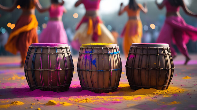 Holi Festival Drums with Colorful Powder and Dancing Crowd