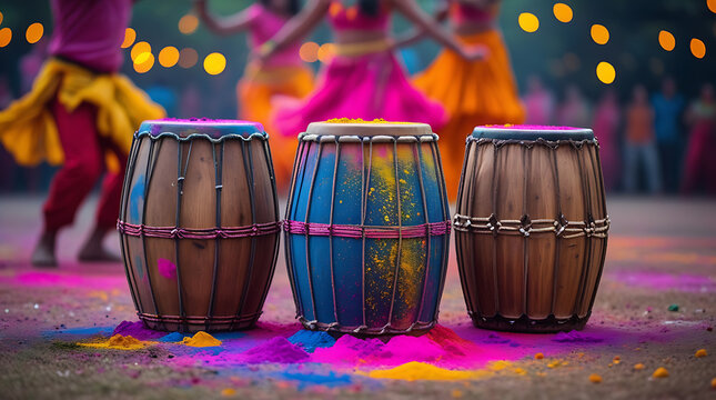 Holi Festival Drums with Colorful Powder and Dancing Crowd