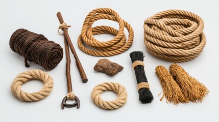 Natural Fiber Ropes and Accessories on White Background for Crafts
