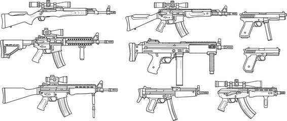 Hand Drawn Sketch Vector Set of Tactical Weapons Featuring Assault Rifles, Sniper Rifles with Scopes, Submachine Guns, and Handguns for Military Concept, © Sagar Creative