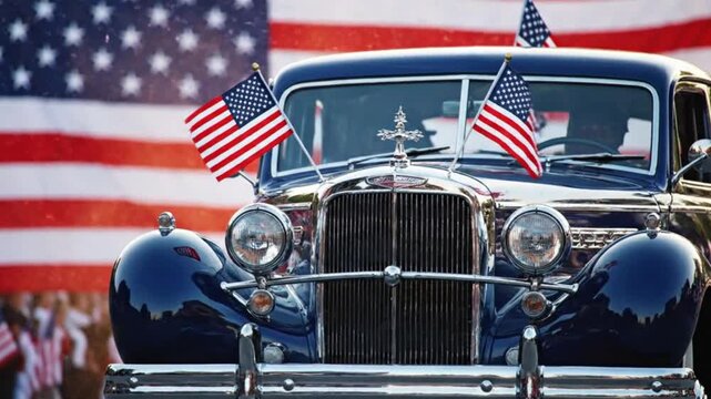 Luxury Vintage American Classic Car Front View with USA Flags Patriotic Independence Day Parade Freedom Concept