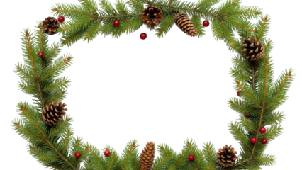 A festive Christmas wreath made of pine branches pinecones and red berries on a white background
