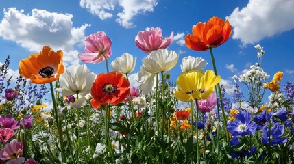Obraz premium Colorful Blooming Flowers Against Blue Sky with Fluffy Clouds