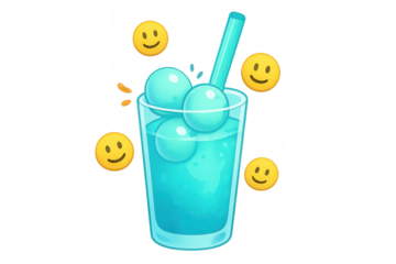 Refreshing blue drink with ice balls and a straw, surrounded by happy smiley faces, a cheerful summer beverage concept