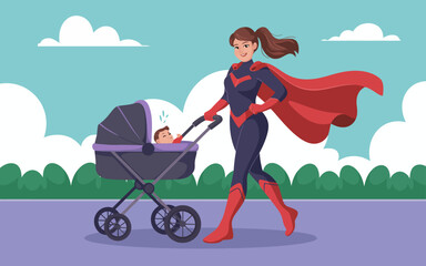 A dynamic illustration of a superhero mom confidently pushing a stroller, portraying empowerment, strength, and love in balancing motherhood and heroism. © Dachuan