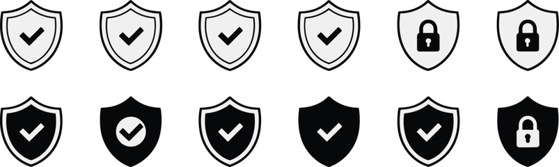 Shield security icons collection, protection and privacy symbols with check mark and lock for cybersecurity safety design applications interfaces branding © MdSakila