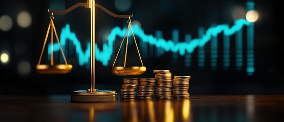Gold scales balance with coins and digital graphs.