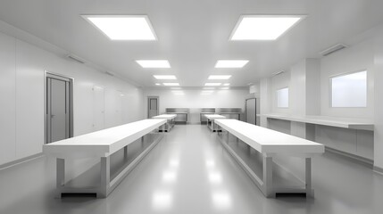 Obraz premium A modern bright and sterile laboratory interior with long white benches and cleanroom panel lighting
