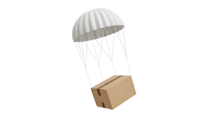 A cardboard box is being dropped from a parachute in the air with precision.