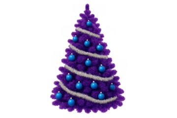 Purple christmas tree standing, decorated with blue baubles and shimmering silver garland, creating a festive holiday atmosphere