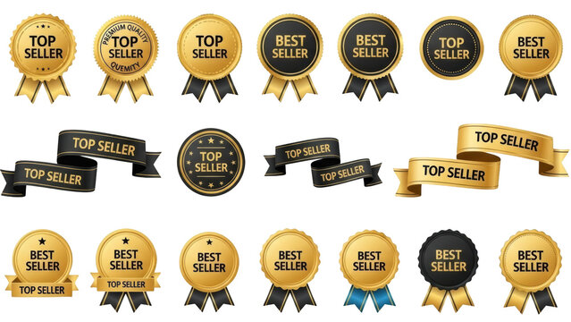 Golden and black top seller and best seller badges on white background with various designs