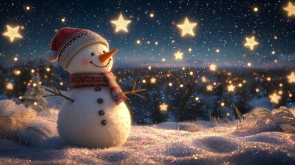Cheerful snowman stands in winter landscape under glowing stars at night