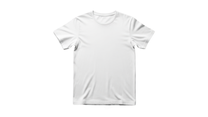 A white t-shirt lies flat on a plain background, showcasing its casual style and comfortable fit.