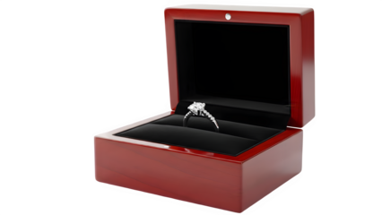 Diamond engagement ring in an open polished wooden jewelry box, luxury proposal concept.