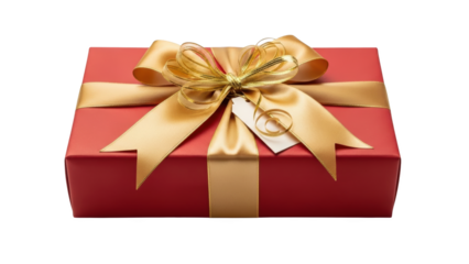 A beautifully wrapped red gift box with a golden bow on top against a white background for celebration