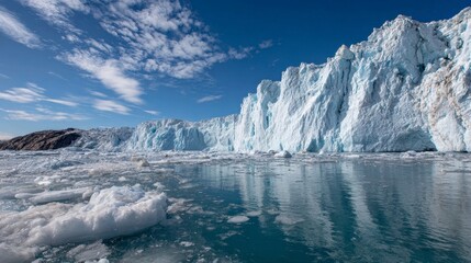 Stunning vista of an arctic glacier with its towering icy cliffs reflected in the calm, blue waters under a vibrant sky