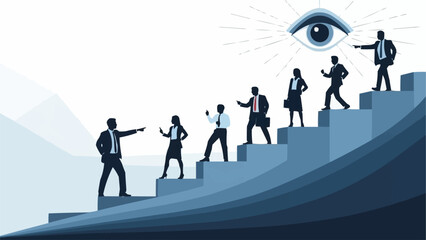 Business professionals climbing stairs towards success under watchful eye.