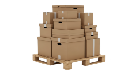 A stack of cardboard boxes on a wooden pallet in a warehouse setting indoors.