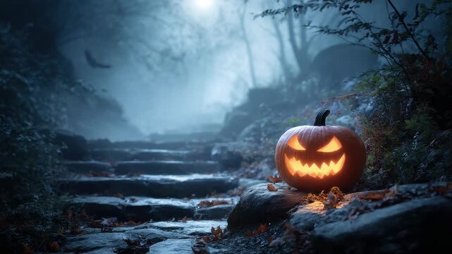 Glowing carved pumpkin sits on stone steps in a spooky foggy forest with a bat flying