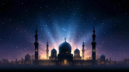 Majestic mosque under starry night sky with glowing domes